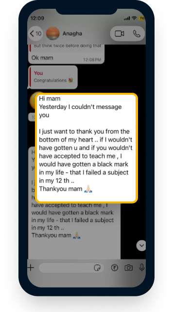 WhatsApp testimonial about academic improvement