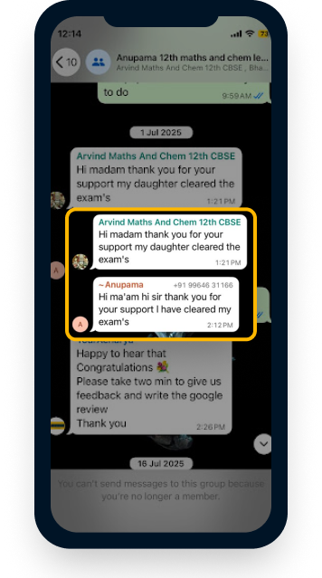 WhatsApp testimonial from a parent about exam results