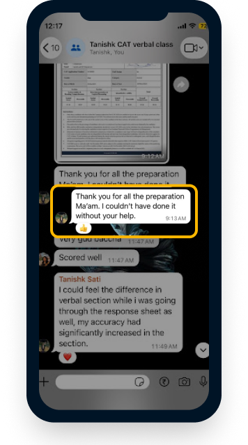WhatsApp testimonial thanking a teacher for preparation support