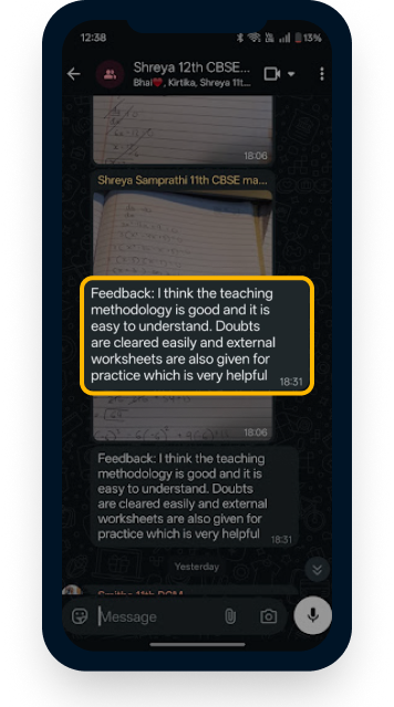 WhatsApp testimonial about teaching methodology and doubt solving