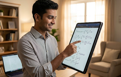 Online maths tutor teaching with a tablet